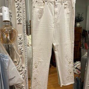 Free People White Cropped Pants with Lace Accents